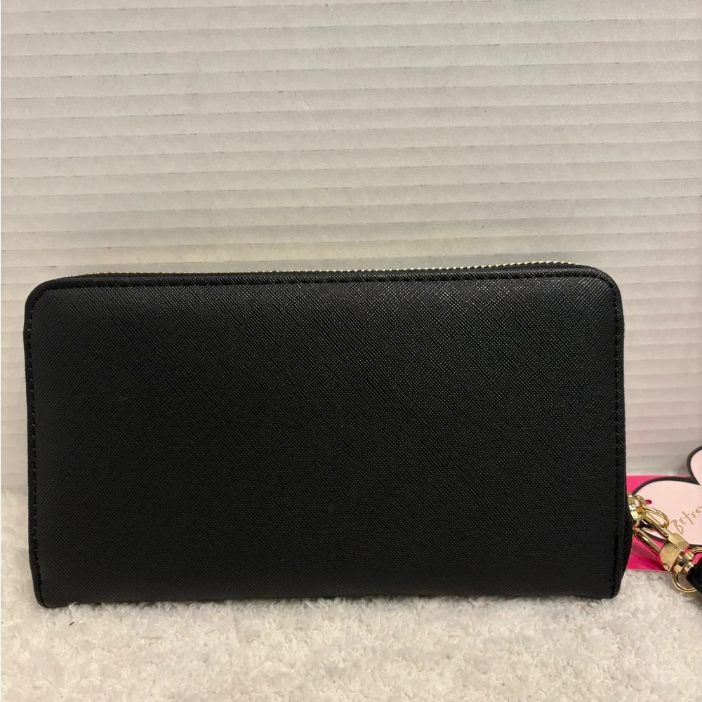 Betsey Johnson Black Zip Around Wristlet Wallet with Gold Accents NWT